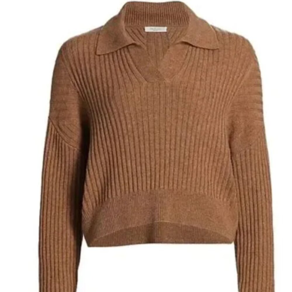 Rag & Bone Brown Merino Wool Ribbed Knit Long Sleeve Polo Sweater Size Small